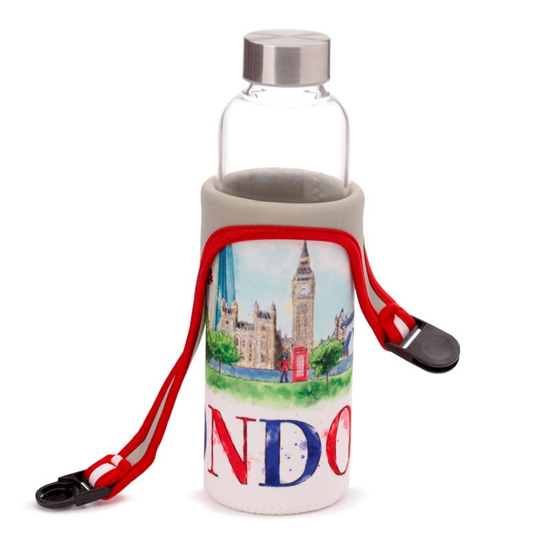 Reusable 500ml Glass Water Bottle with Protective Neoprene Sleeve - London Icons