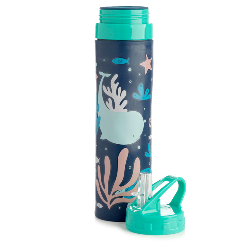 Reusable Eco Fish 600ml Foldable Water Bottle with Flip Straw