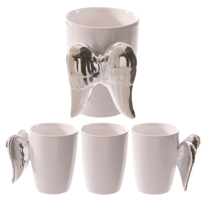 Silver angel wing mug with shaped handle, 380ml ceramic from China