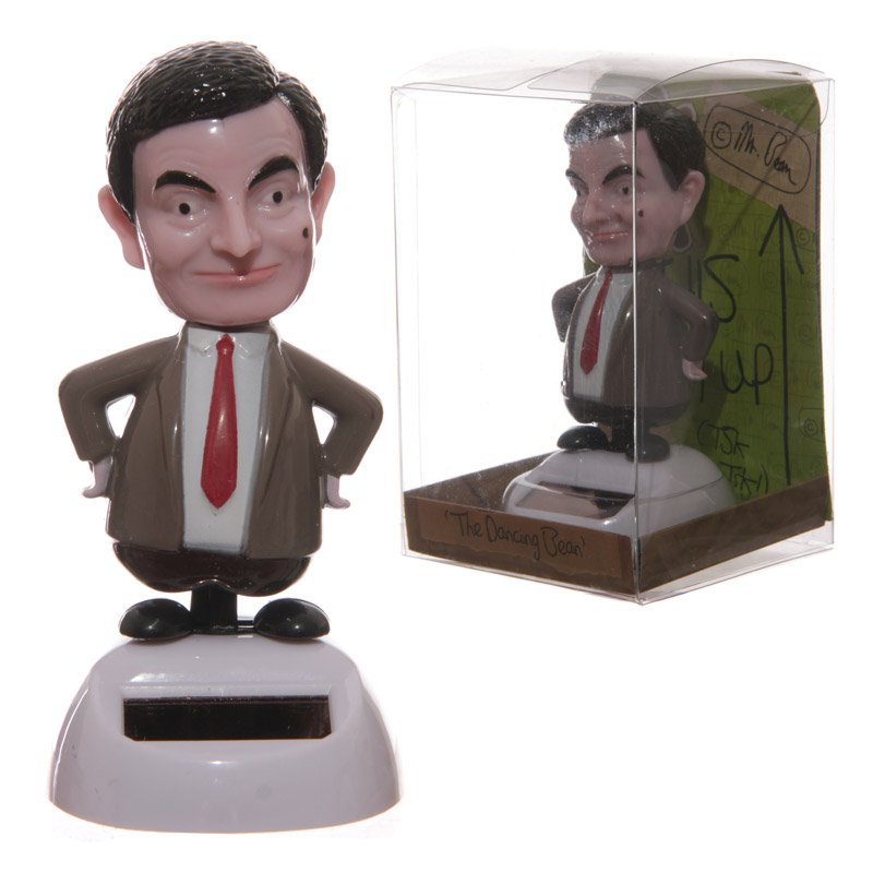 Mr Bean solar ornament, plastic and metal figure on a stand with solar panel, displays CE/UKCA mark.