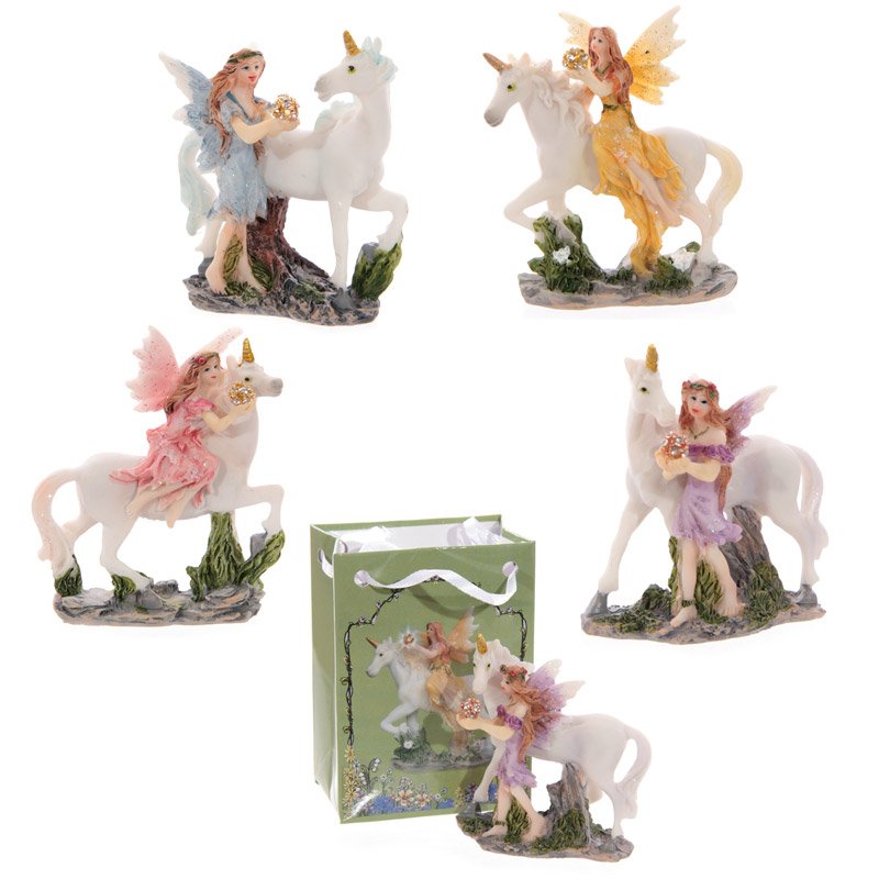 Glitter fairy figurine made of resin, displayed inside a mini card gift bag with ribbon handles.