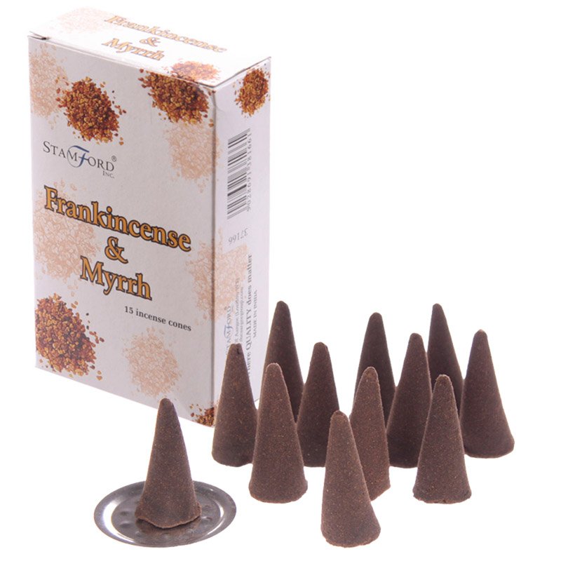 Hand‑rolled Frankincense Myrrh incense cones.