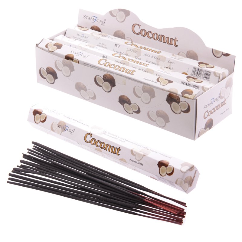 Pack of 20 Stamford Hex coconut incense sticks, hand‑rolled, displayed ready for use, cruelty‑free and vegan.