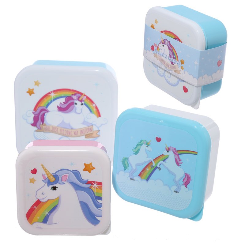 Rainbow unicorn lunch box set in small, medium, and large sizes with playful design