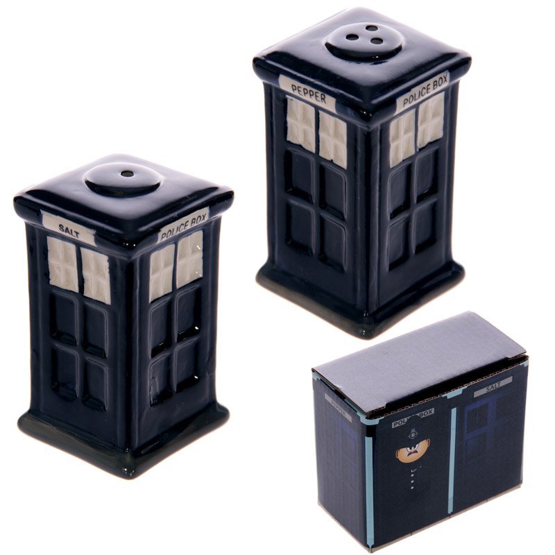 Ceramic salt and pepper shakers in police box shape, dolomite ceramic, with rubber bung access at bottom.