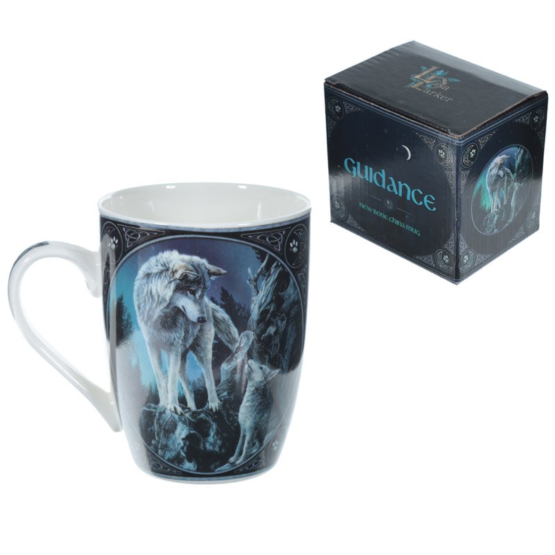White porcelain wolf mug with detailed guidance wolf pattern, 300ml capacity, suitable for food, microwave and dishwasher.