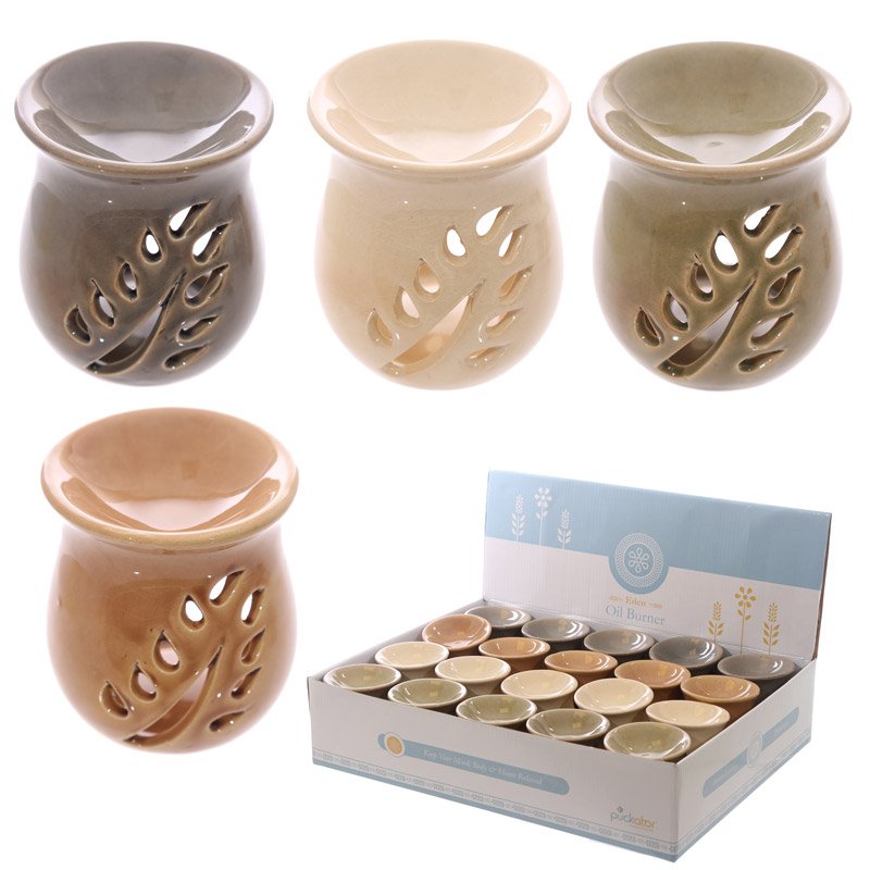 Dolomite ceramic oil burner with crackled glaze and leaf cut-out design, suitable for water and oils, originating from China.