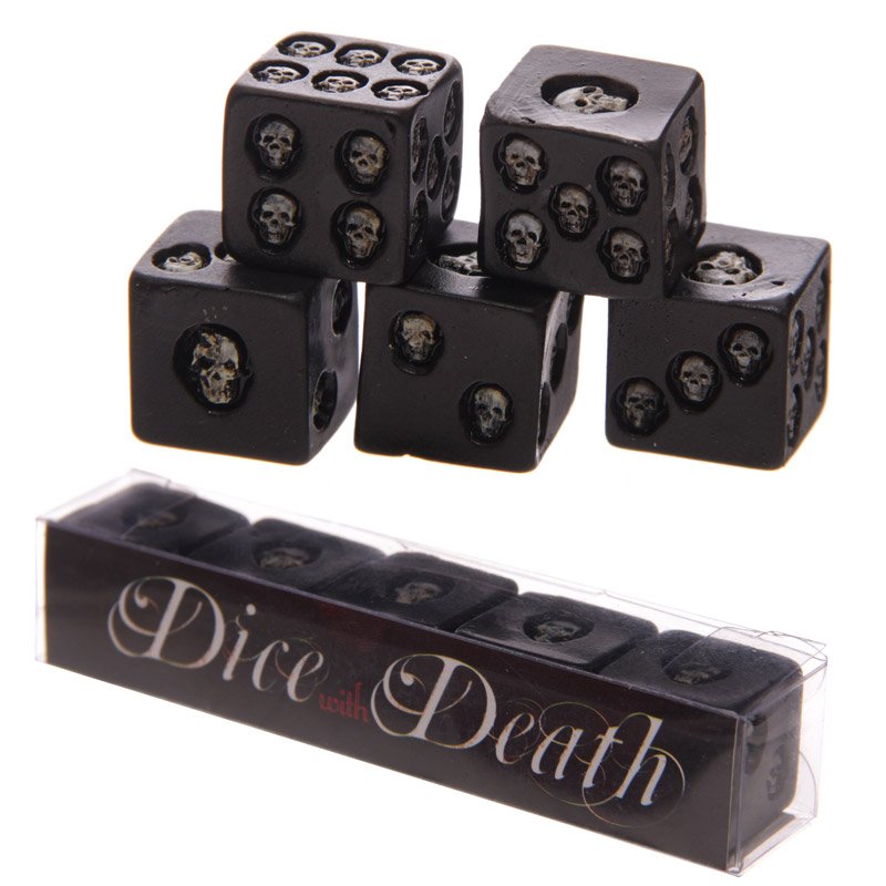 Five black skull dice in a set made of resin, each showing a skull face.