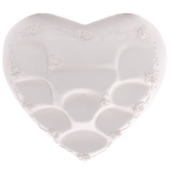 White resin heart shaped tiered display stand, empty, no items.