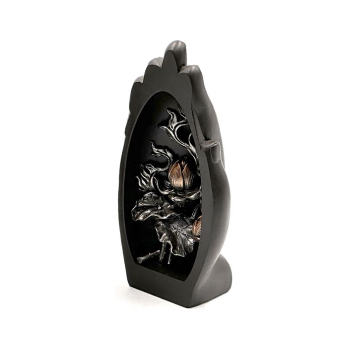Decorative Thai Buddha Figurine - Silver & Black Hand Shaped Carved Lotus