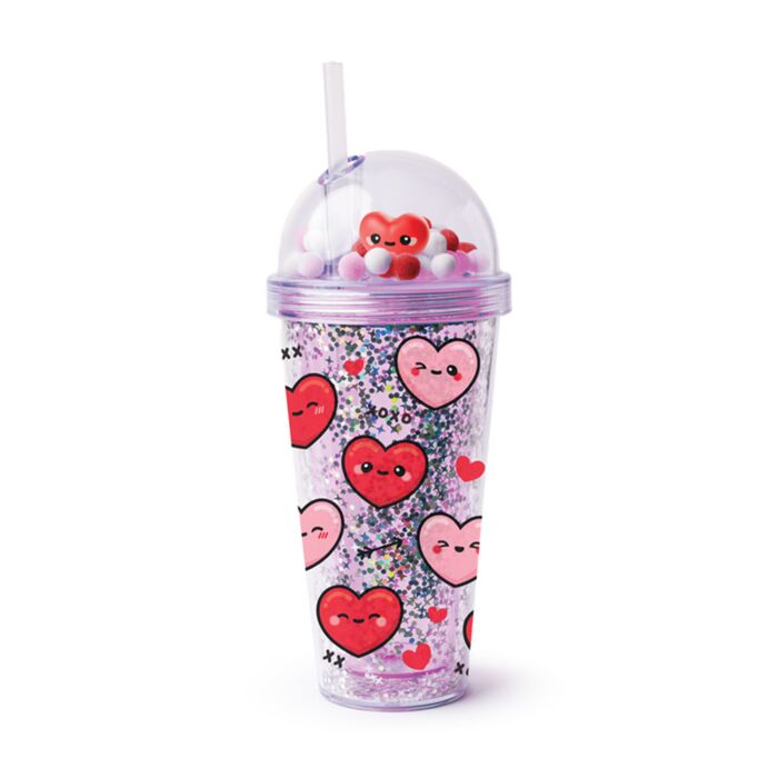Double Walled Cup with Lid, Straw & Charms - Amore Hearts
