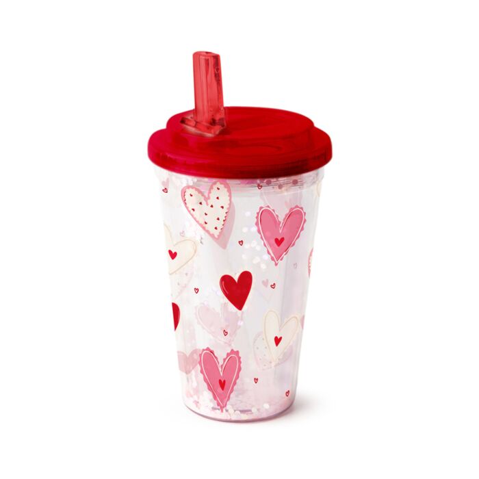Shatterproof Double Walled Cup with Lid and Straw - Amore Hearts