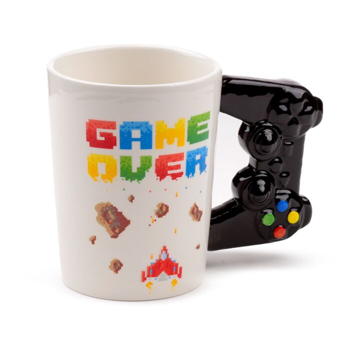Shaped Handle Ceramic Mug - Game Over with Pixel Decal