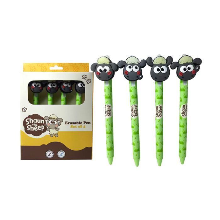 Set of 4 Erasable Pens with PVC Topper - Kawaii Cute Shaun the Sheep