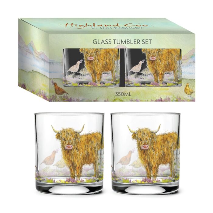 Glass Tumbler Set of 2 350ml - Jan Pashley Highland Coo