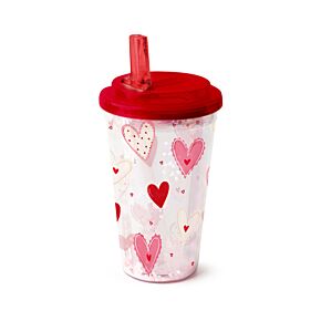 Shatterproof Double Walled Cup with Lid and Straw - Amore Hearts