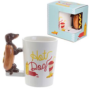 Shaped Handle Ceramic Mug - Sausage Dog in Bun HOT DOG Fast Food