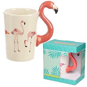 Shaped Handle Ceramic Mug - Flamingo Pinks with Flaming Decal