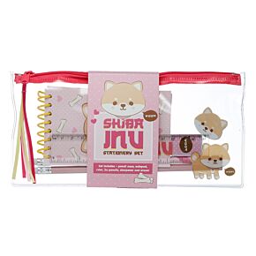 7 Piece Clear Pencil Case Stationery Set - Adoramals Shiba Inu Dog 
