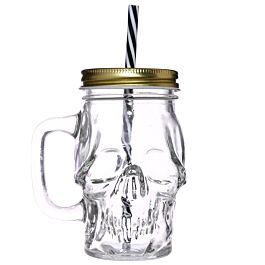 Glass Drinking Jar with Lid & Straw - Skull Shaped