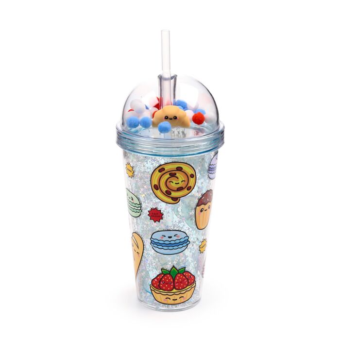Double Walled Cup with Lid, Straw & Charms - Foodiemals Boulangerie