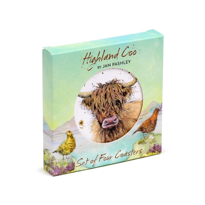 Set of 4 Cork Novelty Coasters - Jan Pashley Highland Coo Cow