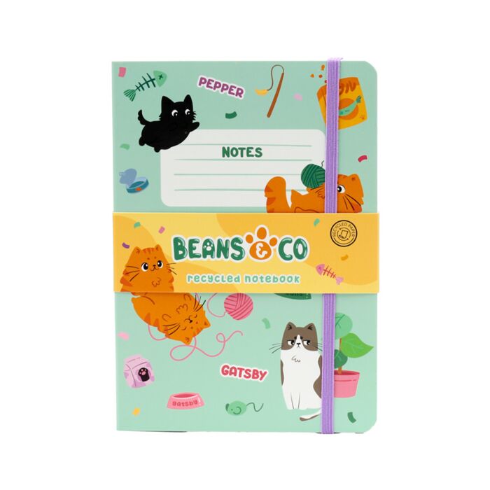 Recycled Paper A5 Lined Notebook with Elastic - Beans & Co Cats
