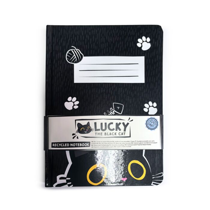 Recycled Paper A5 Lined Notebook with Elastic - Lucky the Black Cat