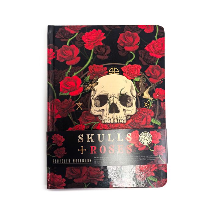 Recycled Paper A5 Lined Notebook with Elastic - Skulls & Roses