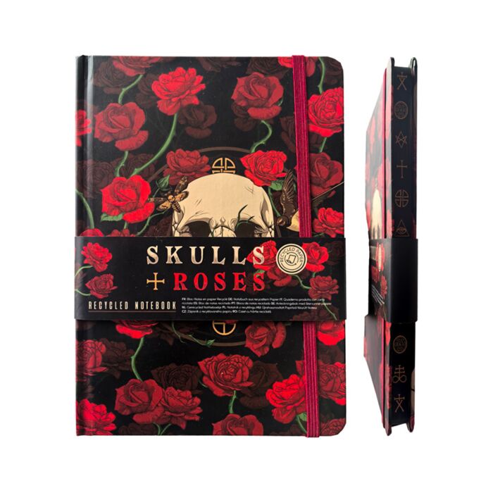 Recycled Paper A5 Lined Notebook with Elastic - Skulls & Roses