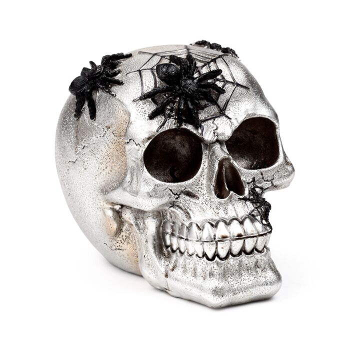 Decorative Ornament - Silver Skull with Black Spiders & Webs