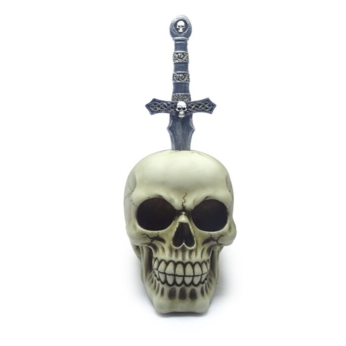 Decorative Ornament - Skull with Metal Sword in Head
