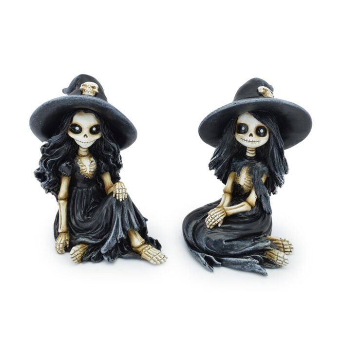 Decorative Ornament - Skeleton Girl Sitting Wearing Witches Hat