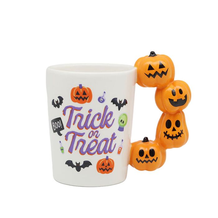 Shaped Handle Ceramic Mug - Spooky Trick or Treat Pumpkins