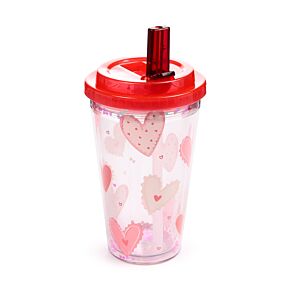 Shatterproof Double Walled Cup with Lid and Straw - Amore Hearts