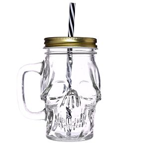 Glass Drinking Jar with Lid & Straw - Skull Shaped