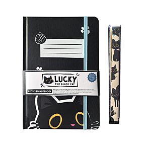 Recycled Paper A5 Lined Notebook with Elastic - Lucky the Black Cat Recycled Paper A5 Lined Notebook with Elastic - Lucky the Black Cat