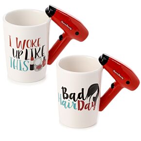 Shaped Handle Ceramic Mug - Hair Drier with Slogan Shaped Handle Ceramic Mug - Hair Drier with Slogan